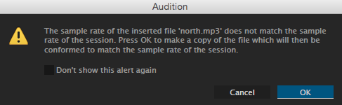 Audition notice to change sample rate.