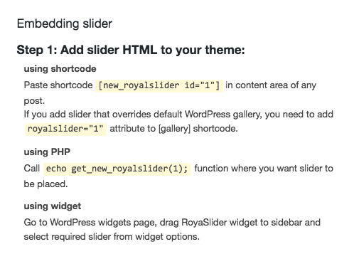 View of the shortcode to add slider to a WordPress page.